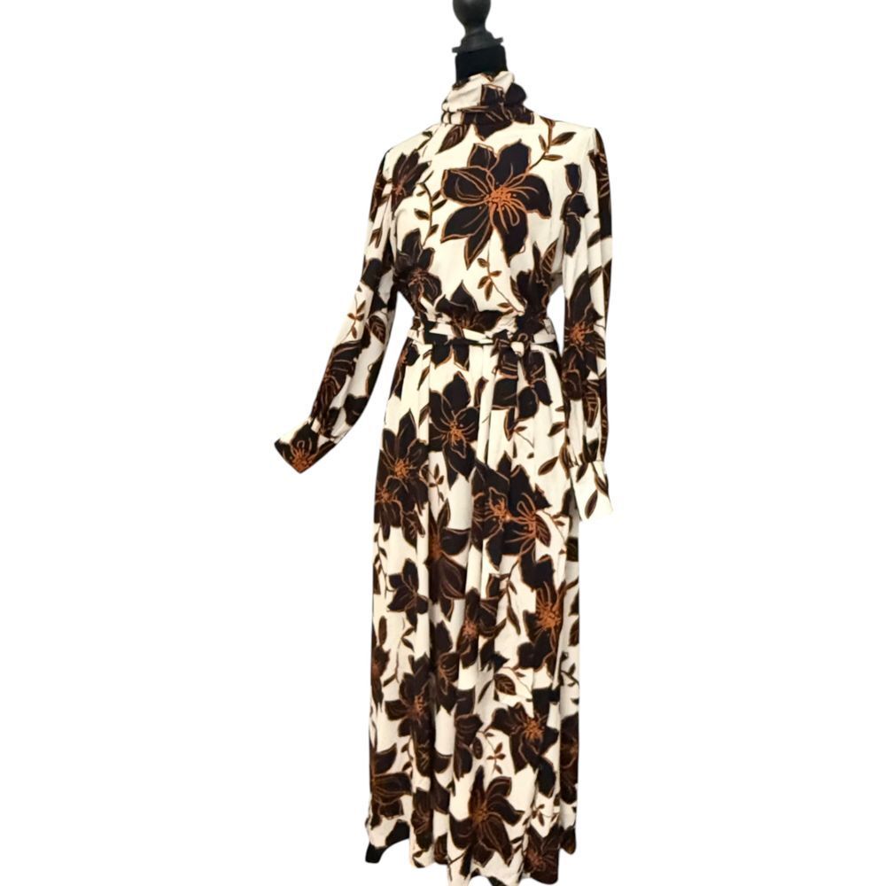 Alexia Admor Mock Neck Modest Belted Maxi Dress Brown Floral Size 6 NEW
